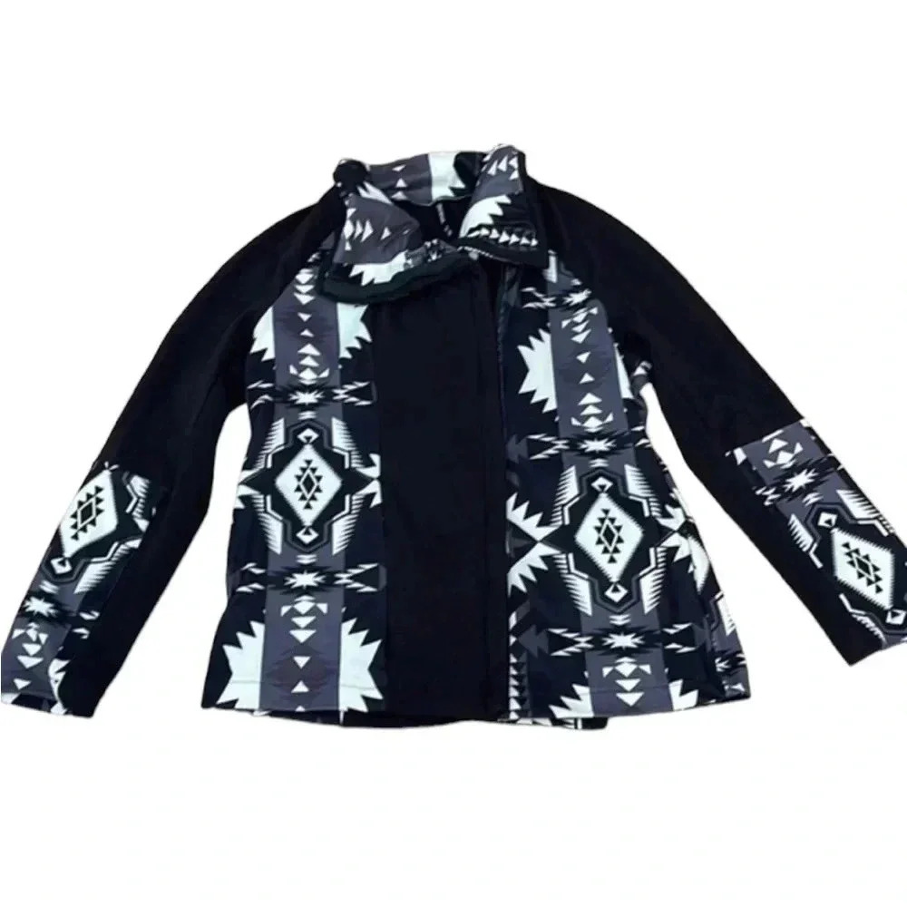 Crazy Train Thick Knit Full Zip Mock Neck Jacket-Black/Cream Aztec Print XS